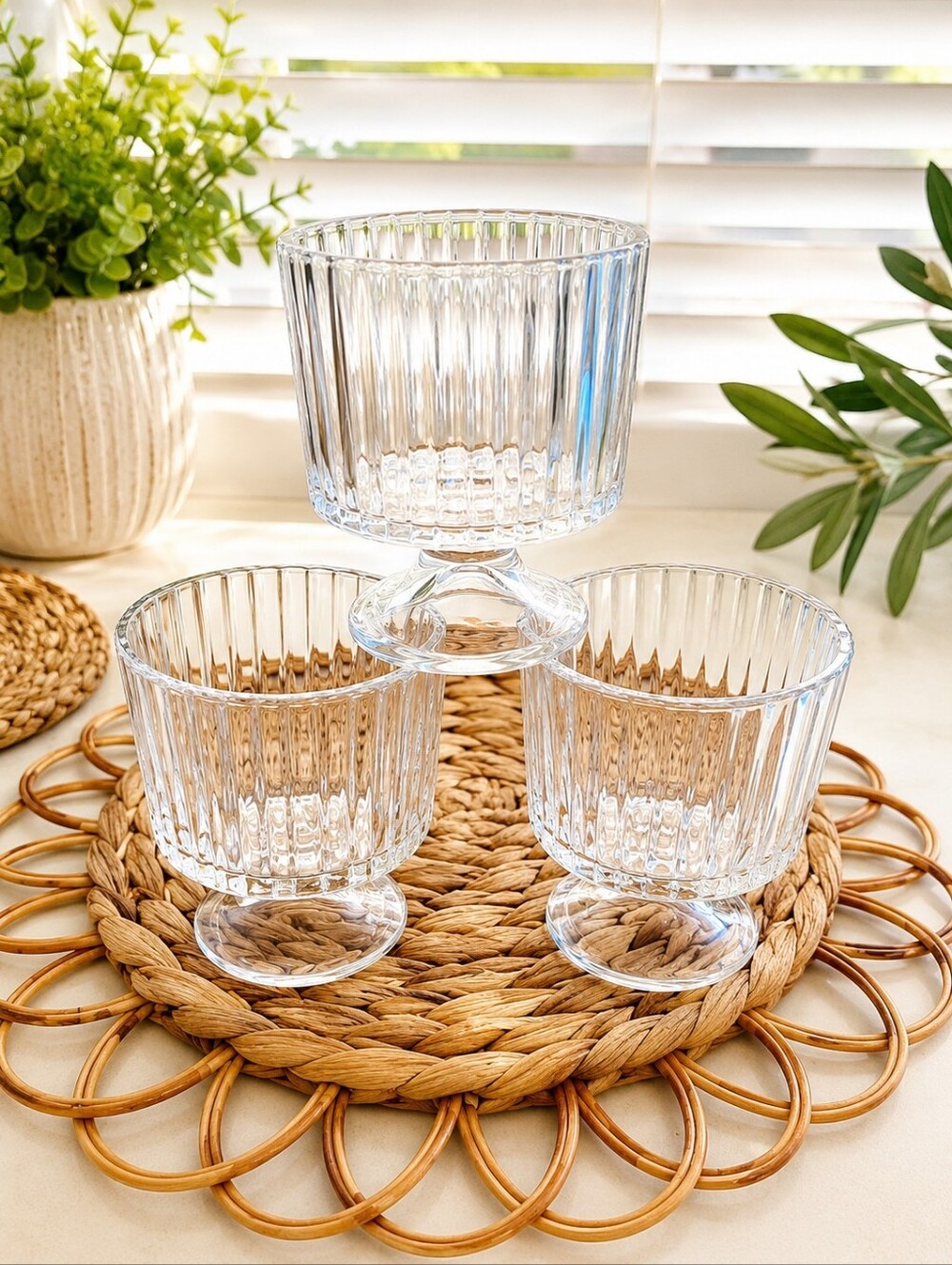 New Hearth & Hand With Magnolia Ribbed 8 Oz Fluted Glass Parfait Cups - Set of 3